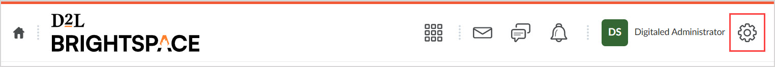 Brightspace Settings Brightspace settings are opened by clicking the settings cog in the top right hand corner next to your username.